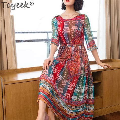 Tcyeek Spring Summer Silk Dress Women Long Party Dress Elegant Print Dresses Plus Size Ladies