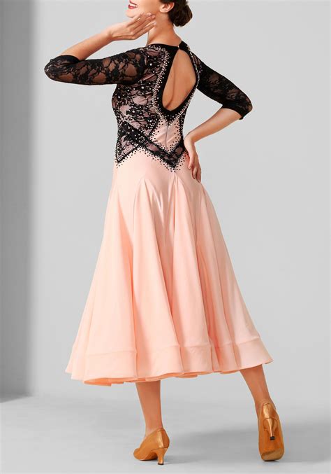 Peach Pink With Black Lace Luxury Crepe Ballroom Smooth Practice Dance