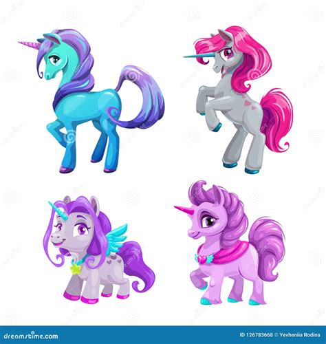 Little Cute Cartoon Unicorn Icons Set Beautiful Fantasy Pony Stock