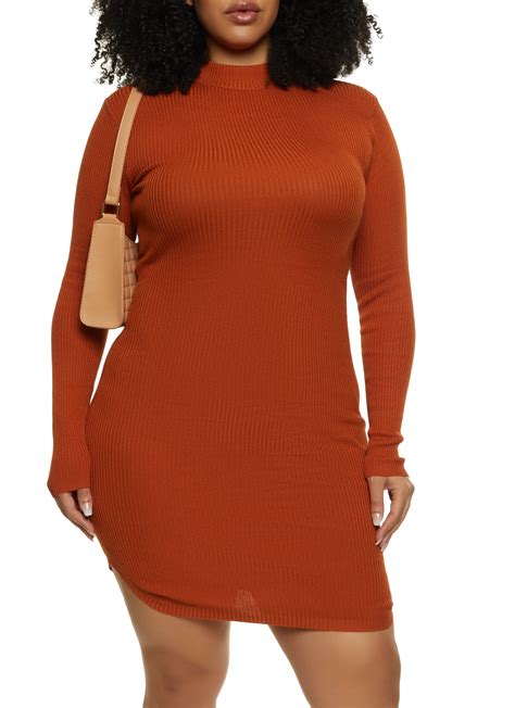 Plus Size Ribbed Knit Mock Neck Sweater Dress