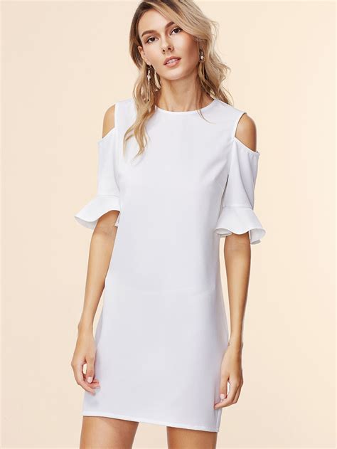 Shop White Open Shoulder Ruffle Sleeve Sheath Dress Online Shein