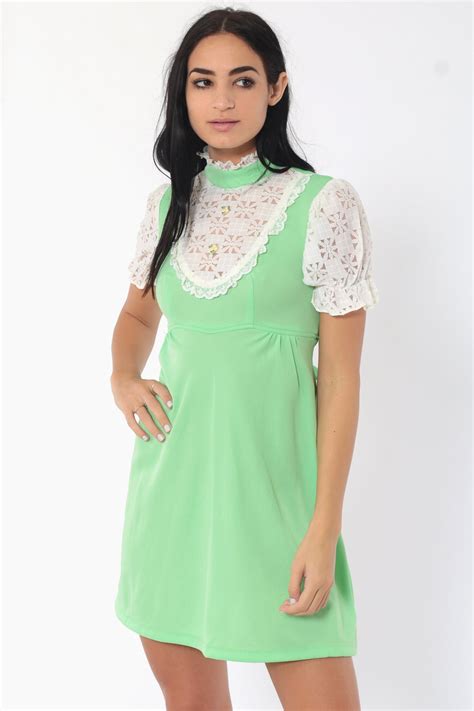 Lace Babydoll Dress 70s Mini Lace Bib Puff Sleeve Green 60s Mod Party
