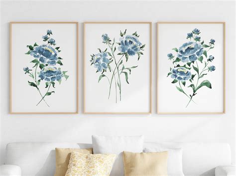 Wall Art Set Of 3 Navy Blue Floral Prints Peony Watercolor Etsy