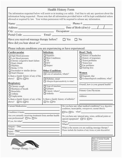 Counseling Intake Form Template New Five Top Risks Health History Form Massage Therapy