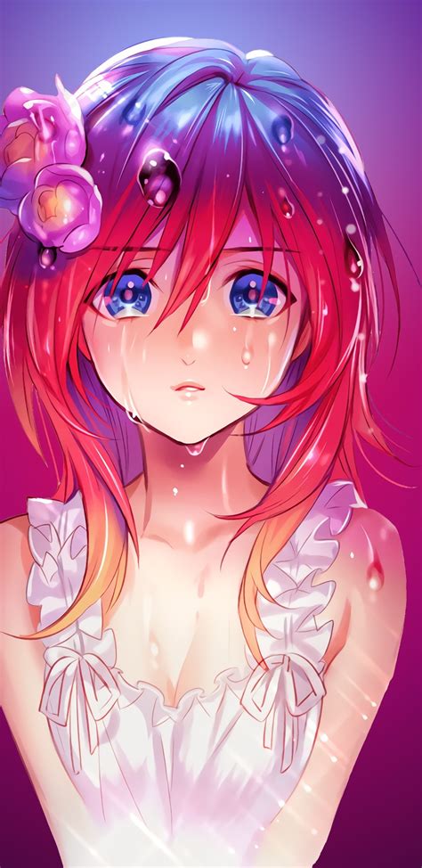 1440x2960 Anime Girl Water Drops Red Head Blue Eyes
