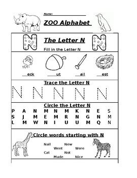 the letter n zoo alphabet worksheet by pointer education tpt