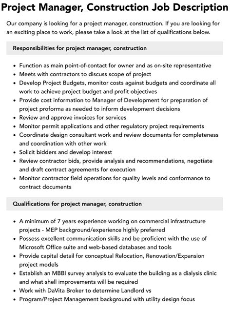 Project Manager Construction Job Description Velvet Jobs