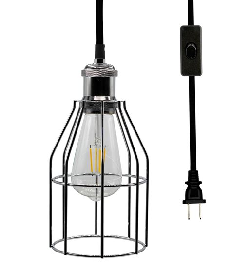 Industrial Hanging Pendant Light With Plug In Cord Vintage Wire Cage