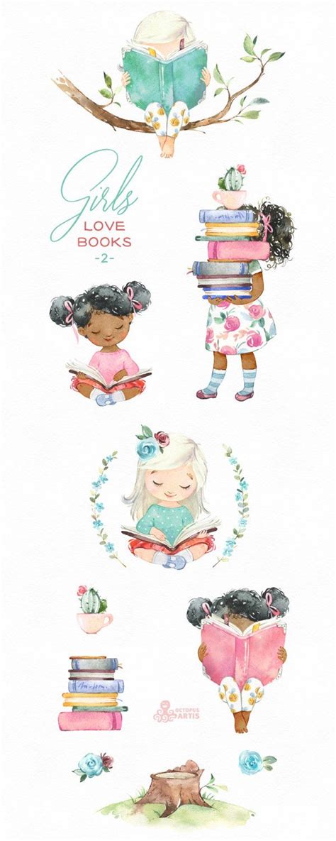 Girls Love Books 2 Watercolor Clipart Reading Flowers Etsy In 2020