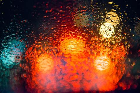 Rain Drops On Window With Street Bokeh Lights Stock Photo Image Of