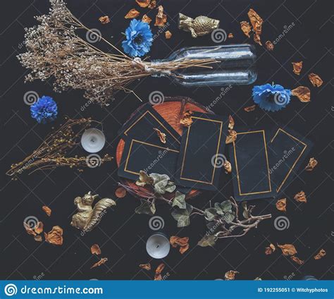 In a session with me. Tarot Card Spread On A Nature Display Flat Lay . Hand Made Tarot Cards On A Dark Wooden Table ...