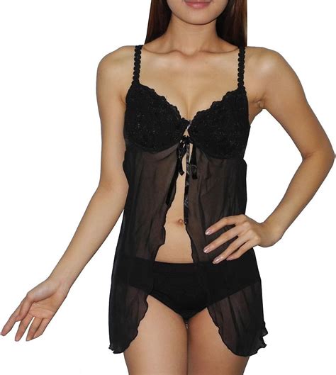 Womens Lingerie Sexy Padded Underwired Bra Sheer Mesh Chemise Intimate Apparel Black Size S