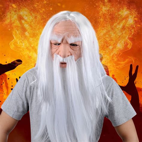Dezsed 3d Halloween Headgear White Hair Long Haired Old Man Wig Mask
