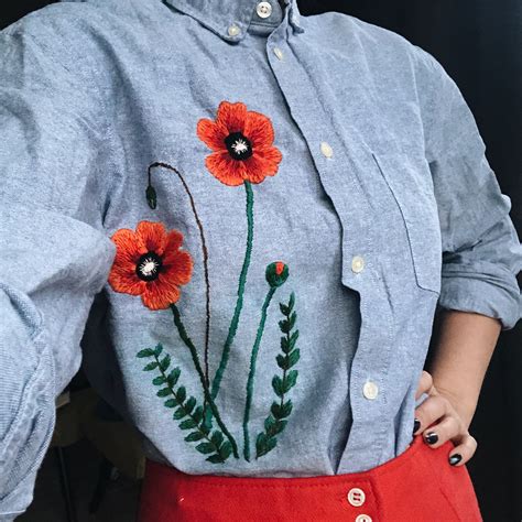 Hand Embroidered Poppy On Upcycled Shirt Flower Embroidery Designs