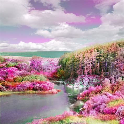 Beautiful Fantasy Landscape With River Forest And Rose Bushes Pink