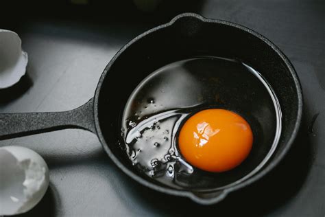 Raw Broken Egg In Frying Pan Placed On Table · Free Stock Photo