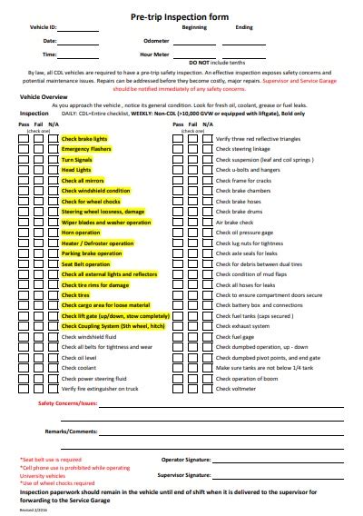 Printable Vehicle Inspection Form Template Word Pdf Excel Tmp
