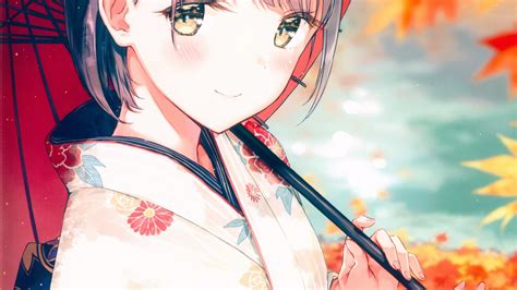 Download 1920x1080 Anime Girl Kimono Autumn Leaves Short Hair