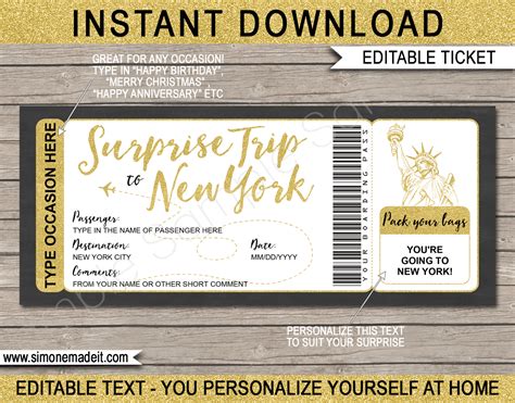 Surprise Trip To New York Boarding Pass Template Printable Nyc Trip Reveal
