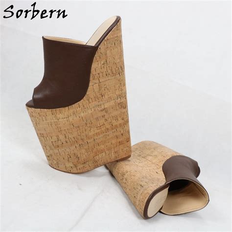 Sorbern Coffee 30cm Extreme High Heel Wedges Mules Women Shoes