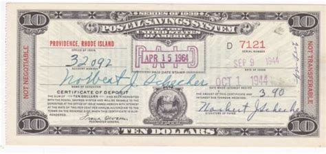 10 Series Of 1939 Postal Savings System Certificate Paid Providence