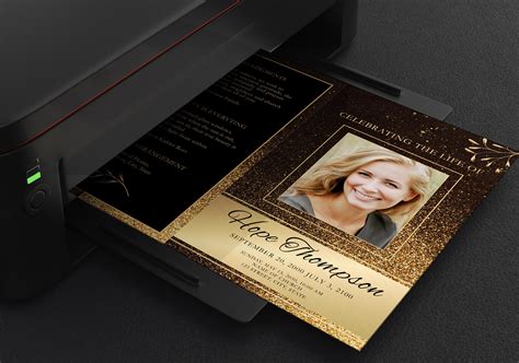 Black And Gold Funeral Program Editable Obituary Template Etsy