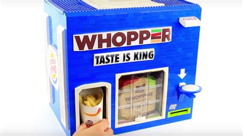 This Homemade Lego Vending Machine Dispenses Burgers Fries And Soda Lego Lego Candy Machine