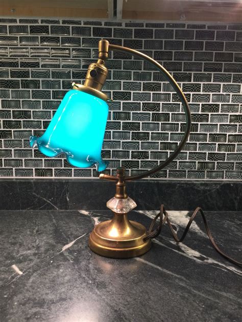 Desk Lamp Vintage Antique Blue Glass Shade Mid Century Etsy Desk