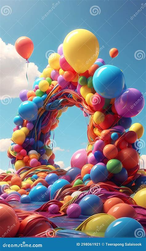 A Colorful Balloons Rainbow And Clouds Party Background Stock