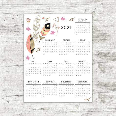 2021 Year At A Glance Calendar Feathers Printable Calendar