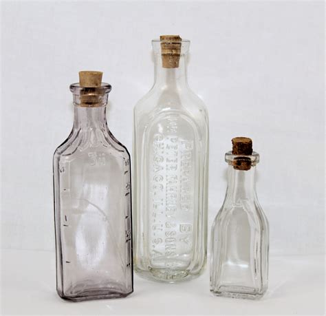 Three Antique Apothecary Medicine Bottles Elixir Bottles Cork Bottles