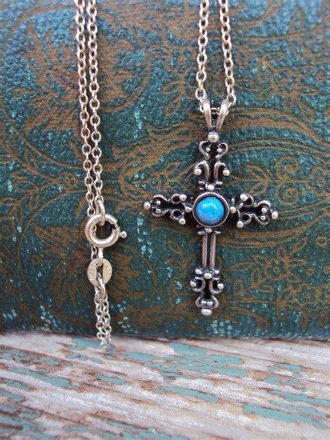 Vintage Sterling Silver Turquoise Cross Pendant Necklace Etsy