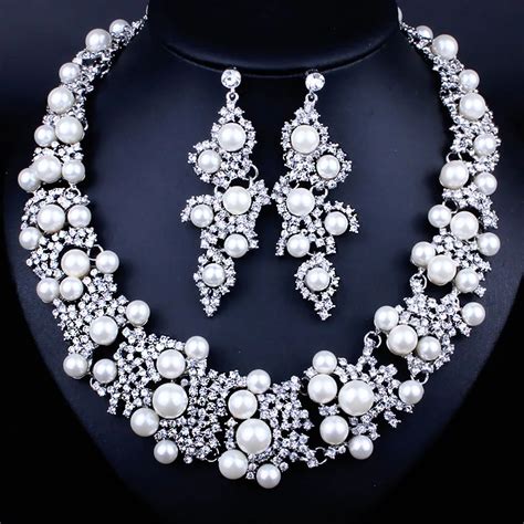 Hot Sale Silver Plated Full Crystal Simulated Pearl Bridal Jewelry Sets Necklace Earrings