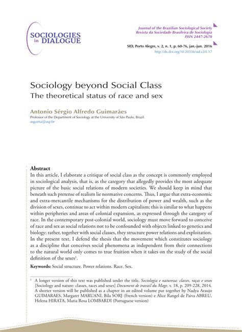 Pdf Sociology Beyond Social Class The Theoretical Status Of Race And Sex