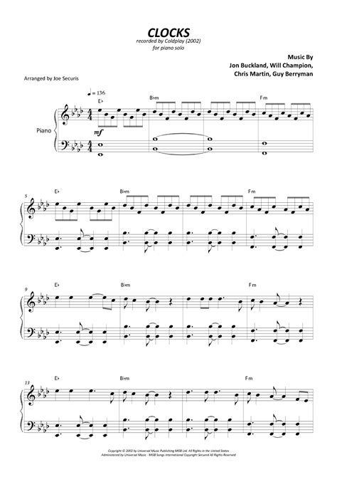 Clocks Sheet Music Coldplay Easy Piano