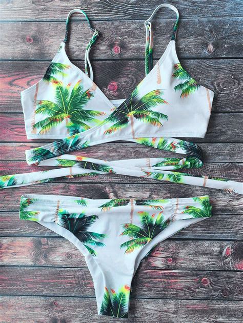 25 Off 2022 Palm Tree Print Crossover Bikini Set In White Zaful