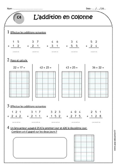 Addition En Colonne Sans Retenue Ce1 Exercices Corrigés Pass