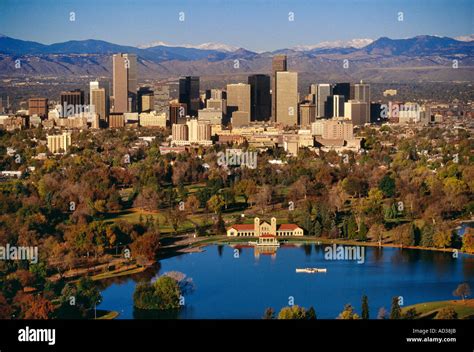 Skyline Of Denver Colorado Usa Over The City Park Lake With The Rocky