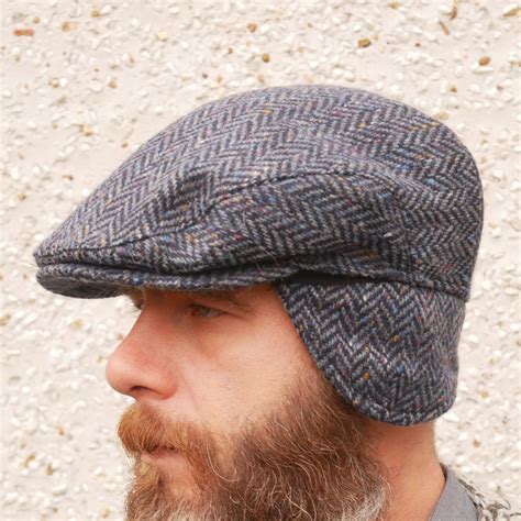 Traditional Irish Tweed Flat Cap With Foldable Ear Flaps Navyblue