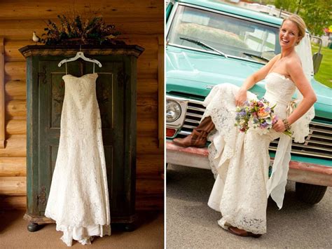 Cowboy boots were originally known as men's shoes for riding. Bride wears ivory lace wedding dress, classic bridal updo ...
