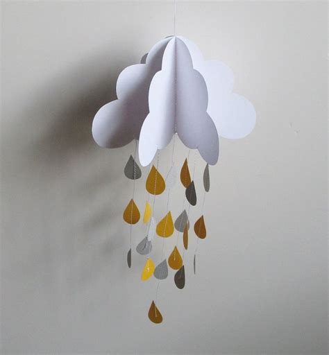 Paper Cloud Mobile 3d Raining Yellow And Gray Raindrops Via Etsy