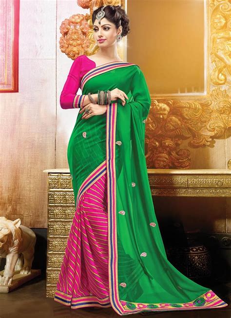 Enchanting Pink N Green Half N Half Saree Latest Indian Saree Saree