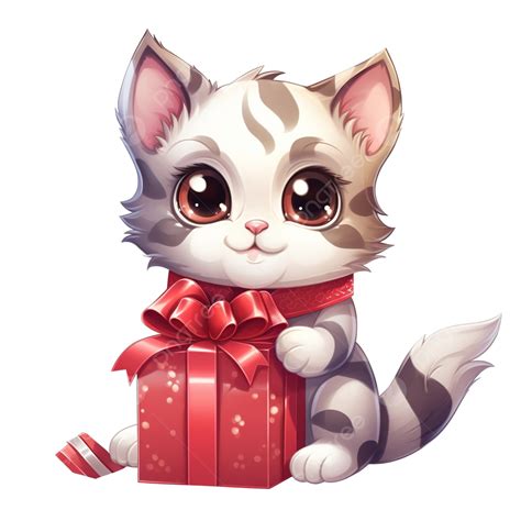 Cartoon Cat Or Kitten Animal Character With Present On Christmas Time