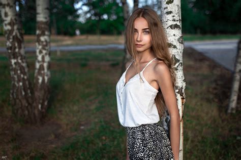 Wallpaper Model White Tops Trees Depth Of Field Women Outdoors Looking At Viewer