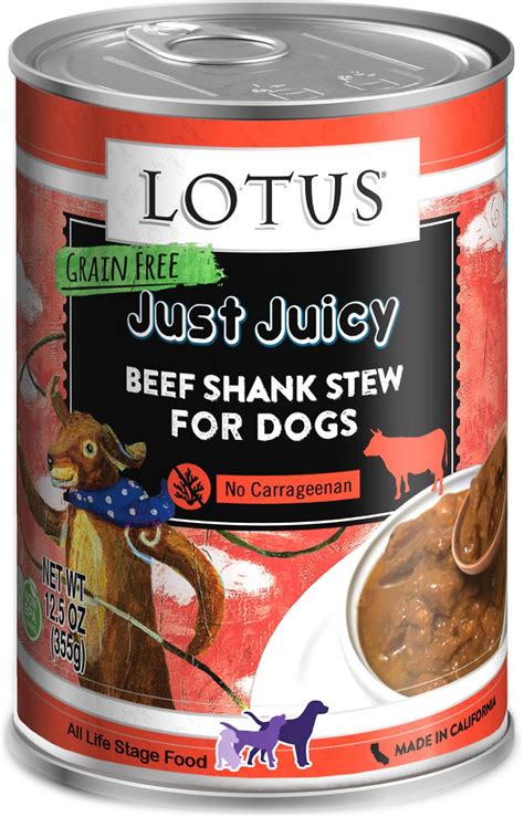 Percentages given for this raw food are 14/10/1/73 for protein, fat, fiber, and moisture. LOTUS Just Juicy Beef Shank Stew Grain-Free Canned Dog ...