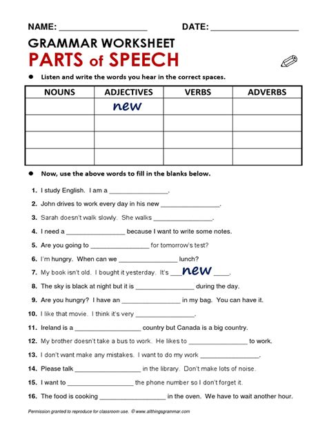 Parts Speech Grammar Worksheet Pdf Part Of Speech Languages