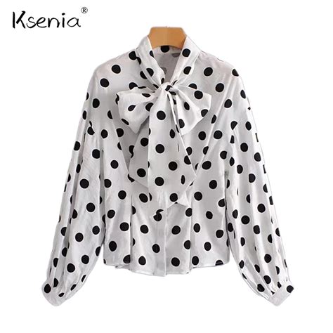 ksenia women polka dot blouse bow stand collar lantern sleeve solid color white loose shirt 2018