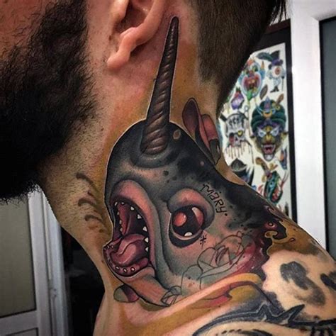 Showering with this bandage still in place can soak the bandage and hold too much water against your tattoo. New school style colored creepy monster tattoo on neck ...