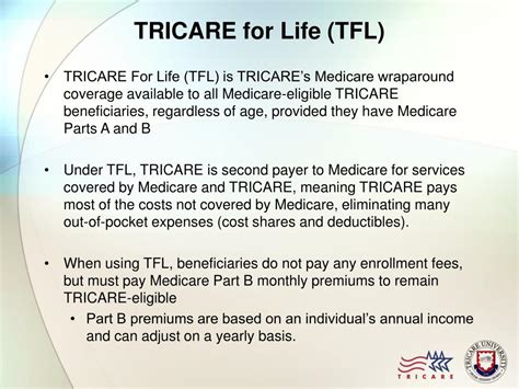 The benefits offered by tricare insurance include health coverage, a robust pharmacy who qualifies for tricare is determined by the defense enrollment eligibility reporting system (deers). PPT - Module 9: Medicare and TRICARE PowerPoint ...