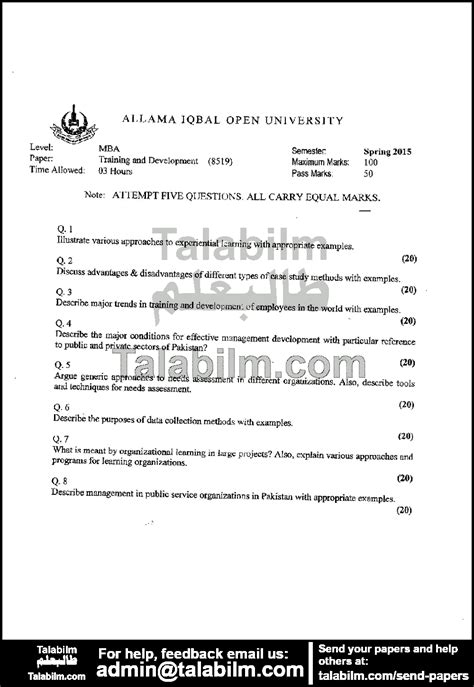 Training And Development Code No 8519 Spring 2015 Past Papers Aiou